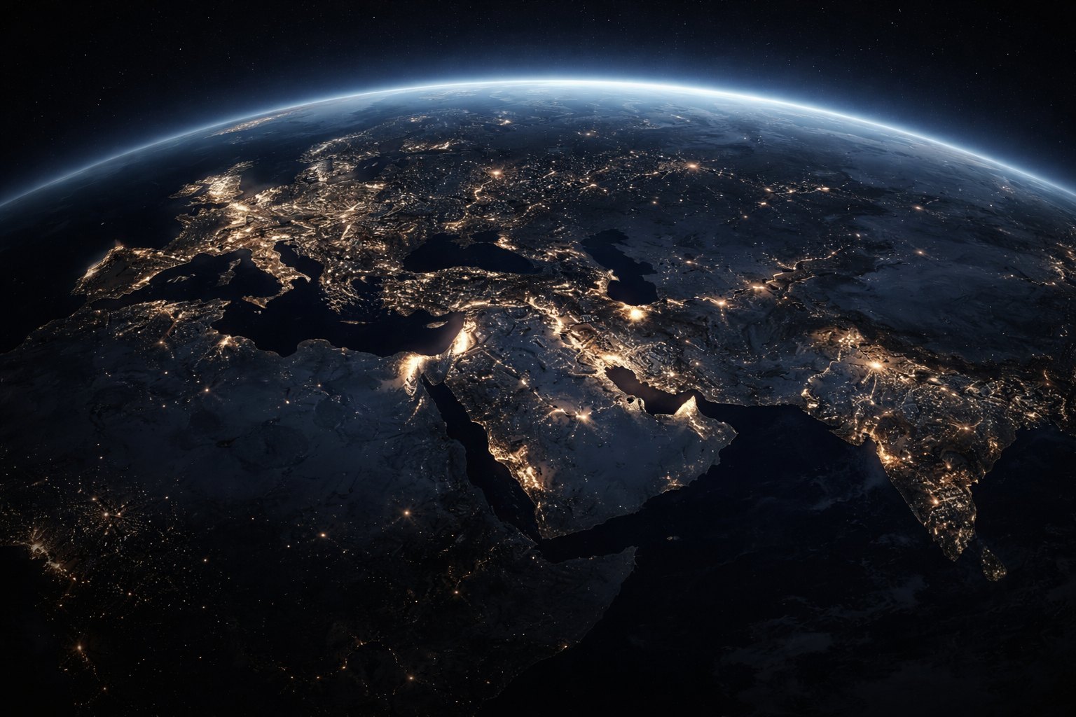 Editorial orbital visualization of Europe, North Africa, the Middle East, and western Asia illuminated at night