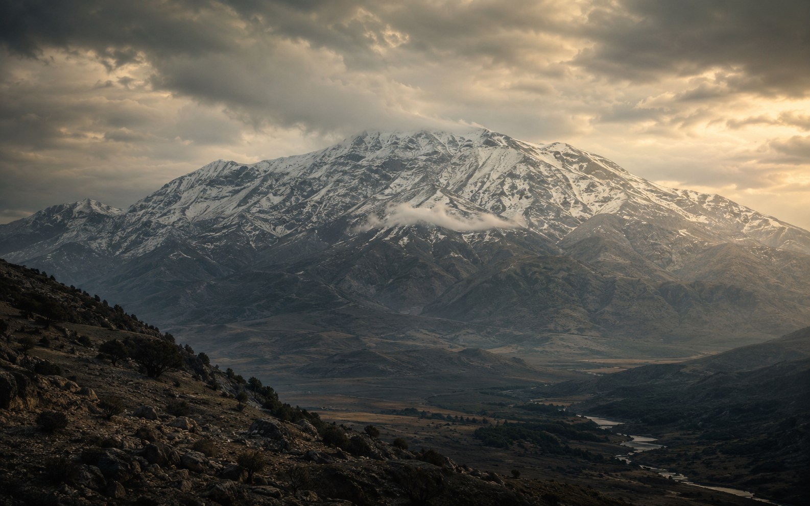 Editorial visualization of the Mount Hermon mountain landscape beneath dramatic clouds