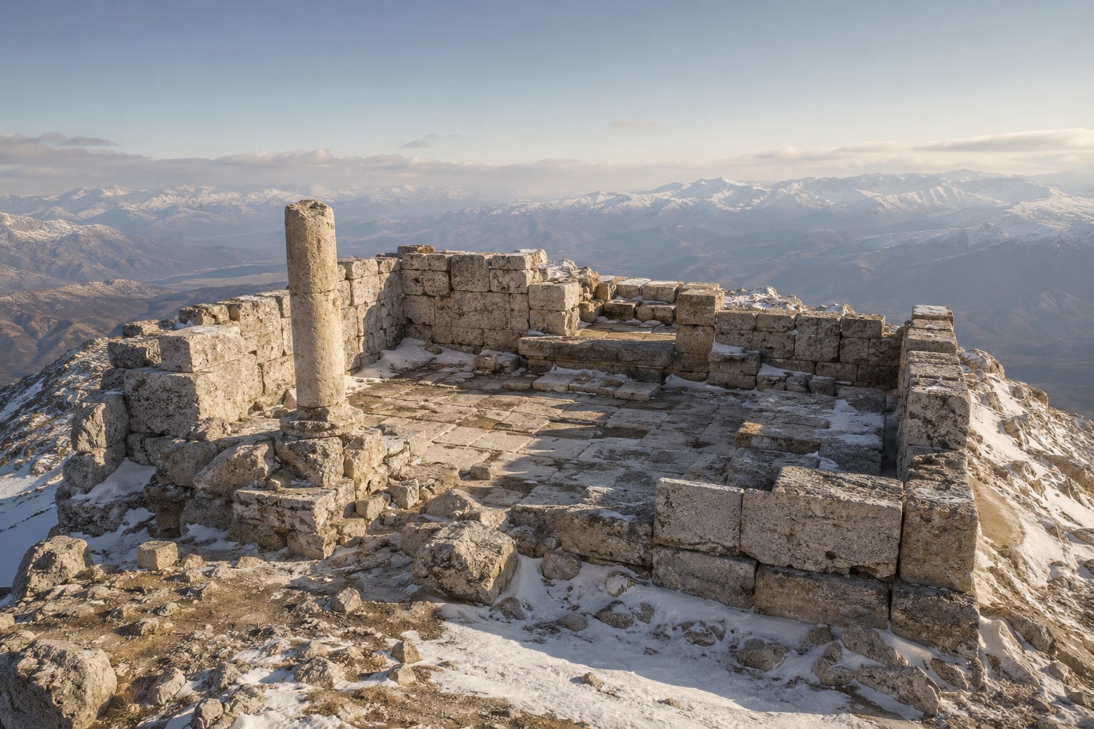 Editorial reconstruction concept showing stone sanctuary ruins on a snowy summit near Mount Hermon