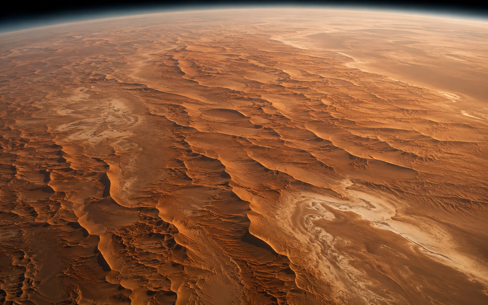 Editorial aerial visualization of immense orange dune fields across the Rubʿ al Khali